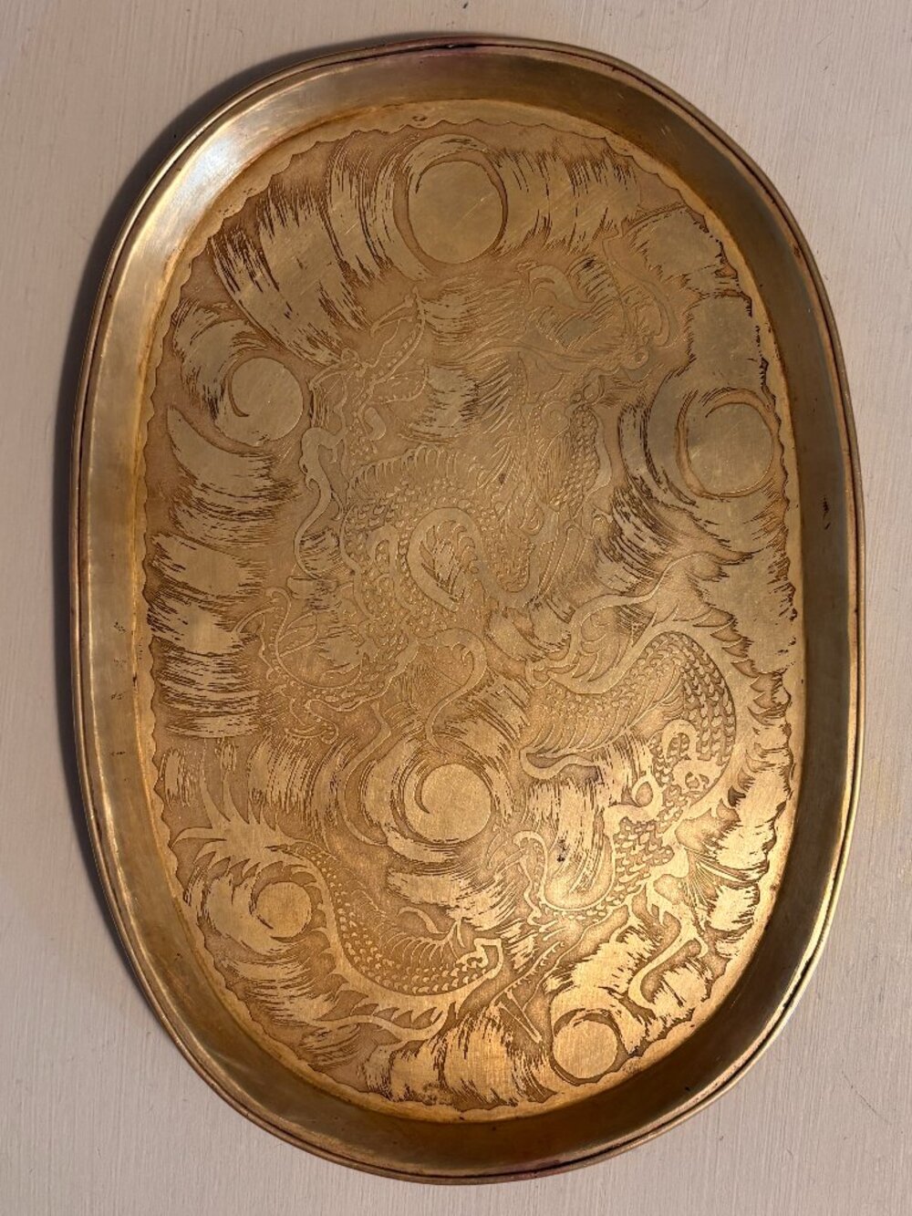 Vintage Engraved Brass Tray Chinese Dragon